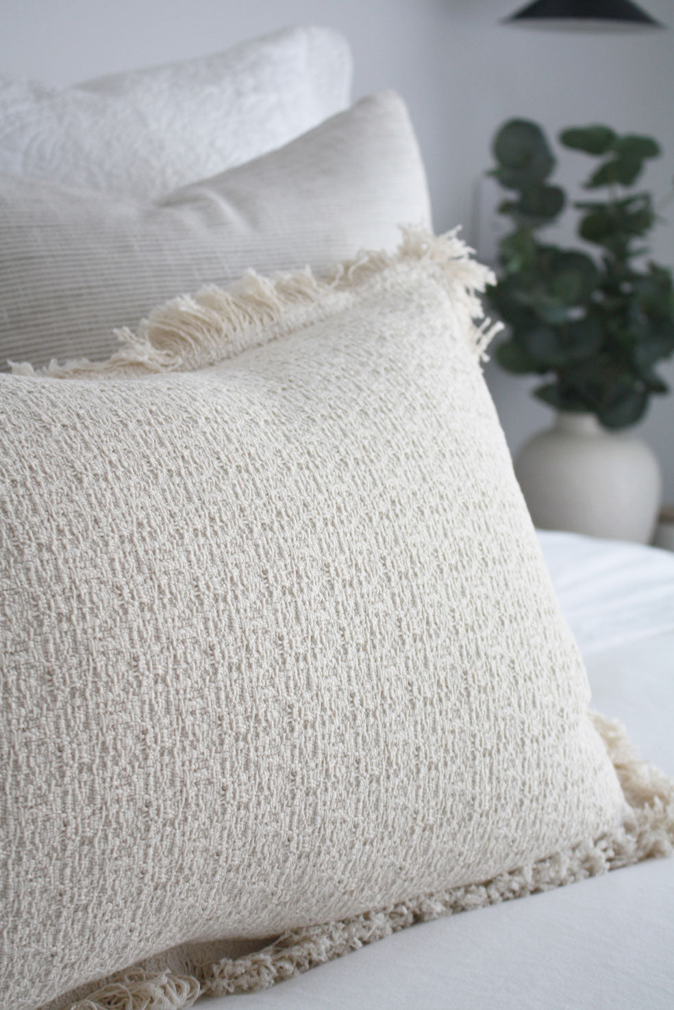 Haisley Textured Heavyweight Cotton Feather Filled Cushion - Ivory Cream - 40cm x 60cm Lumbar