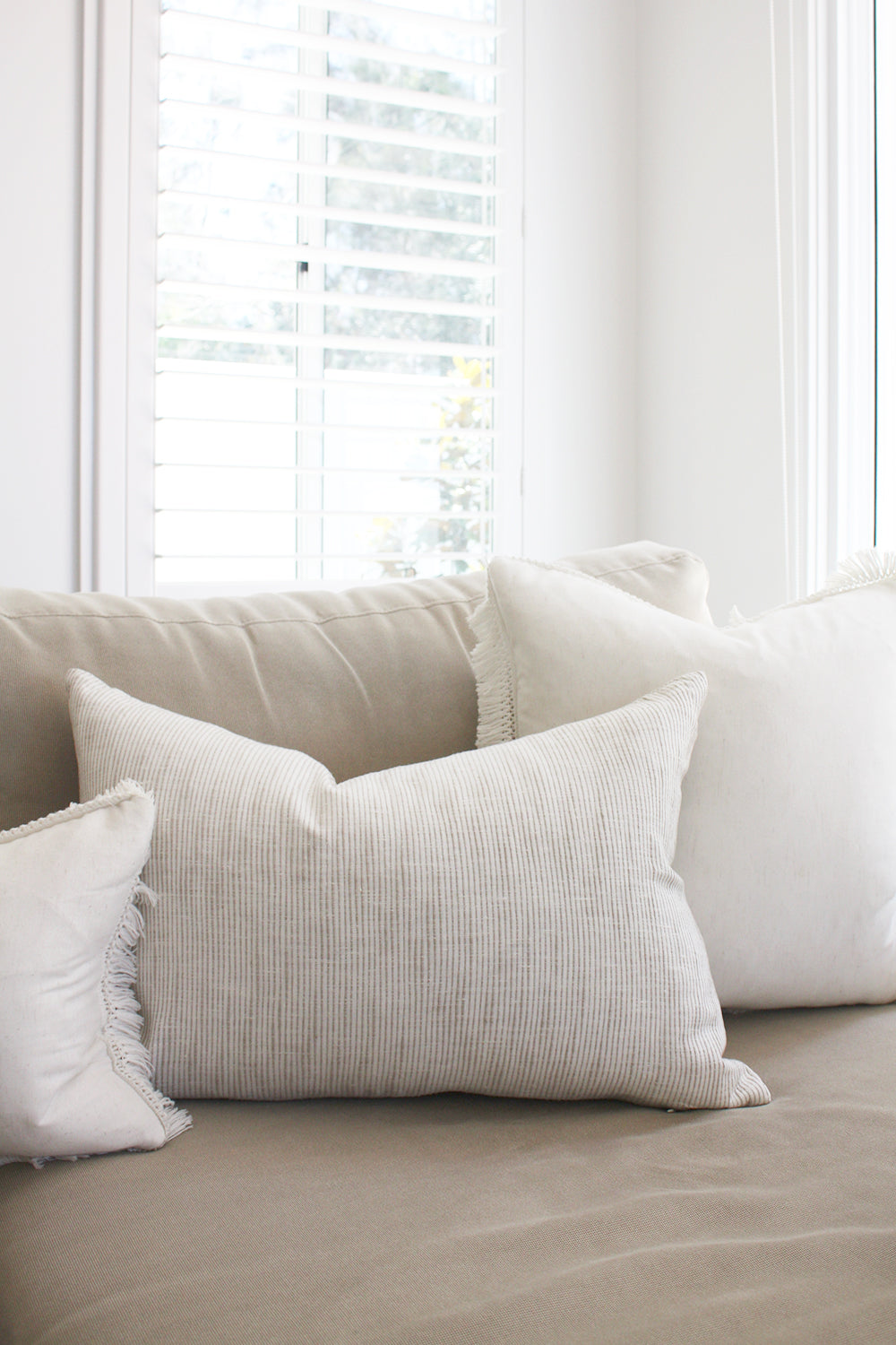 Jaipur Textured French Linen Feather Filled Cushion - White with Natural Pinstripe - 40cm x 60cm
