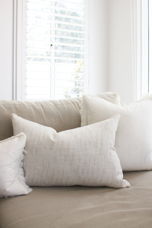 Jaipur Textured French Linen Feather Filled Cushion - White with Natural Pinstripe - 40cm x 60cm
