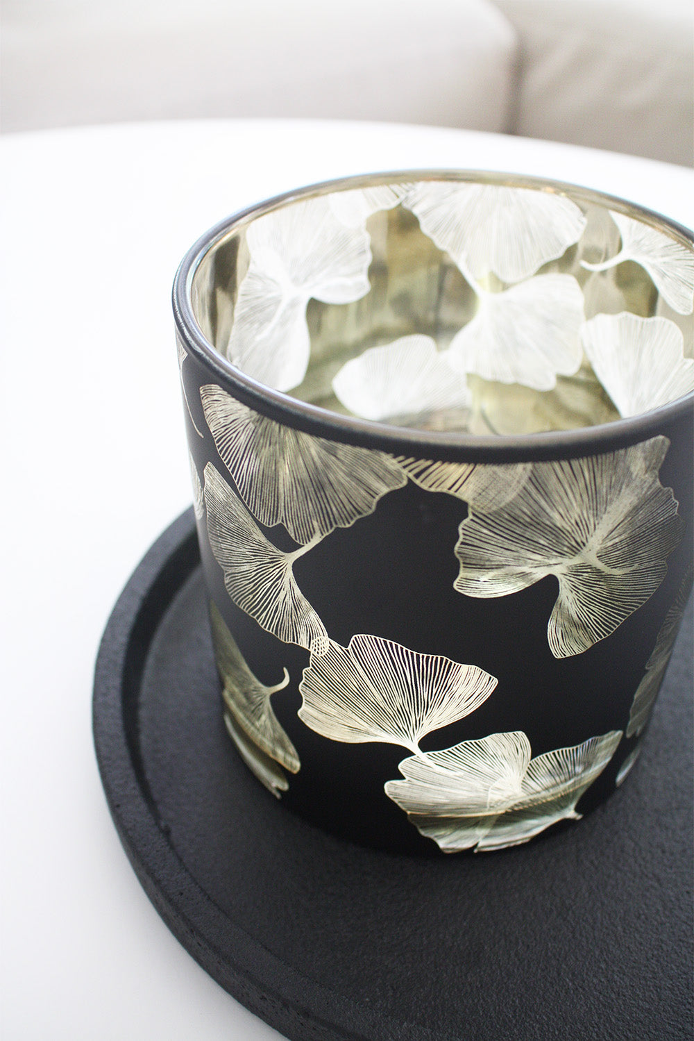Large Glass Ginko Candle Holder - Black + Gold