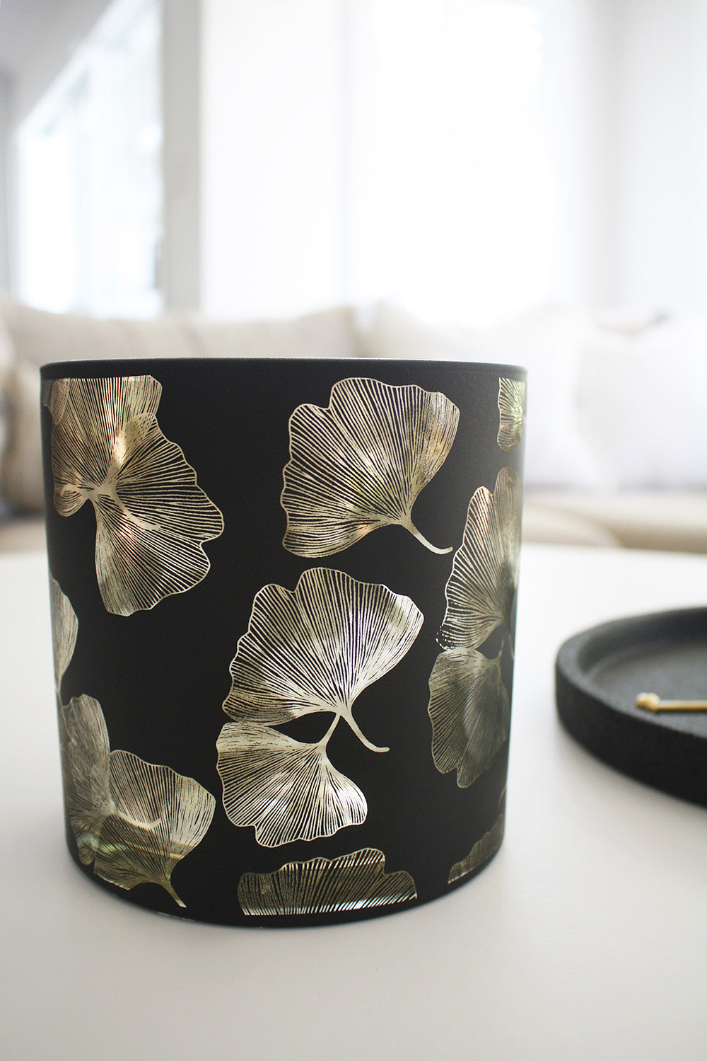 Large Glass Ginko Candle Holder - Black + Gold