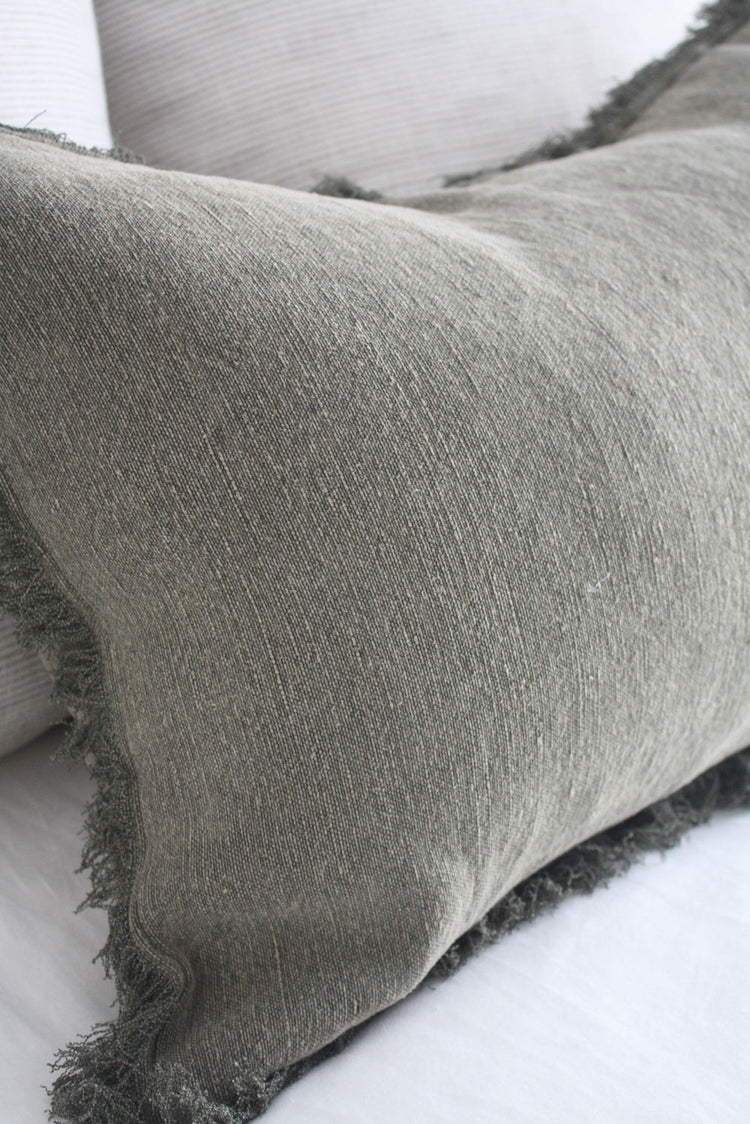 Cultiver French Linen Feather Filled Cushion - Olive - 40cm x 60cm Lumbar