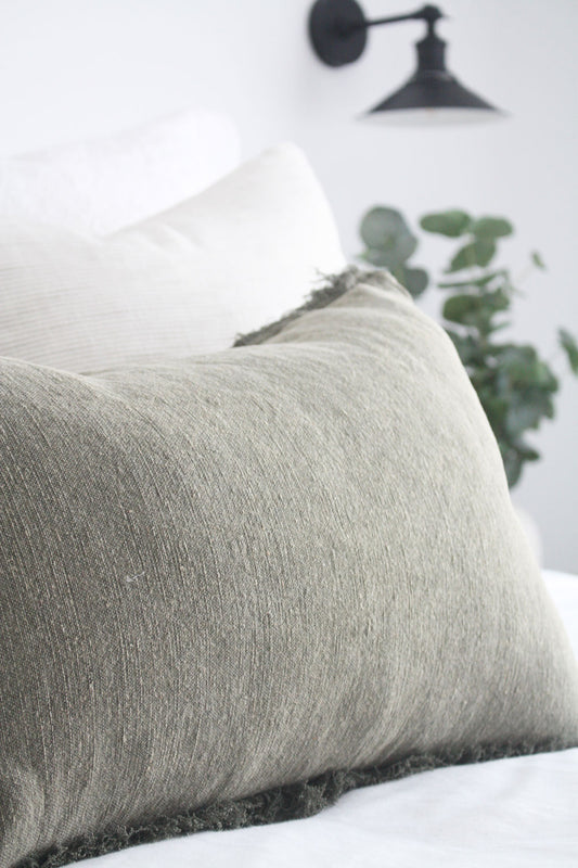 Cultiver French Linen Feather Filled Cushion - Olive - 40cm x 60cm Lumbar