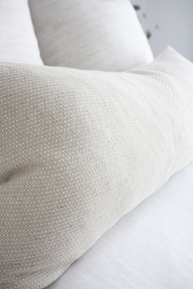 Elysium Linen Cotton Feather Filled Cushion - Natural + White - 35cm x 70cm Long Lumbar