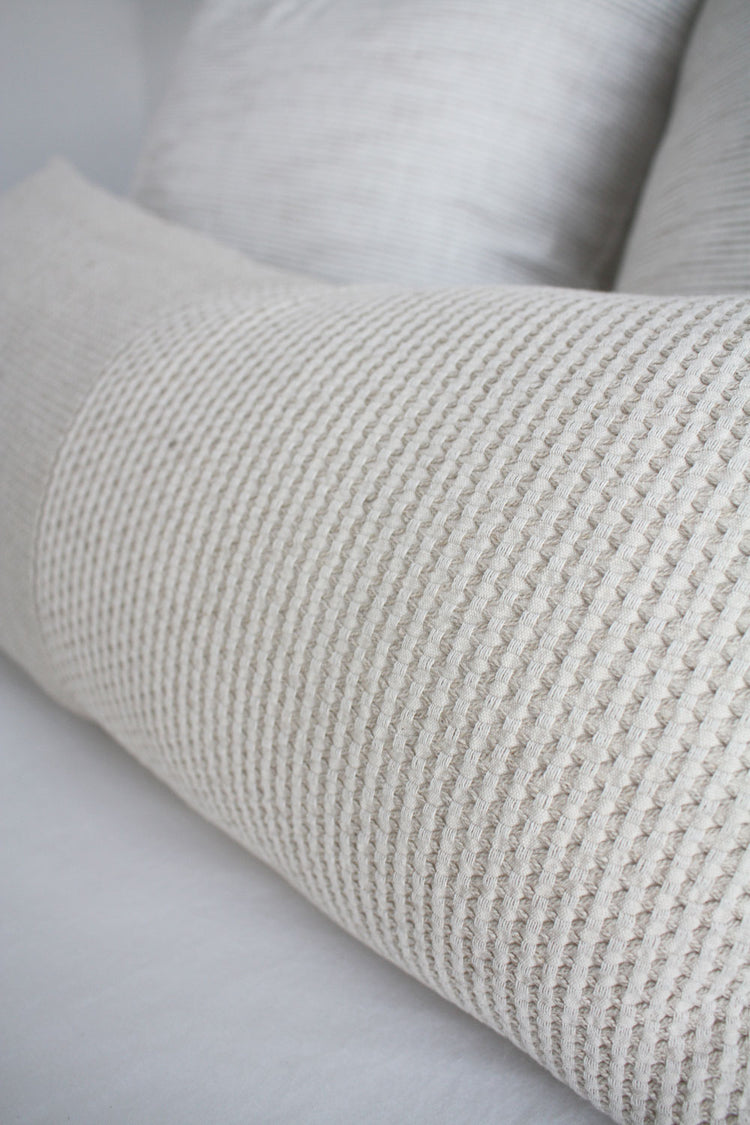 Elysium Linen Cotton Feather Filled Cushion - Natural + White - 35cm x 70cm Long Lumbar