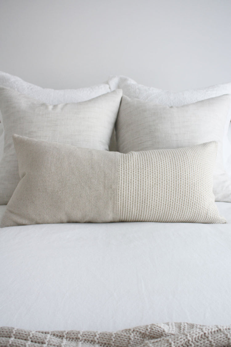 Elysium Linen Cotton Feather Filled Cushion - Natural + White - 35cm x 70cm Long Lumbar