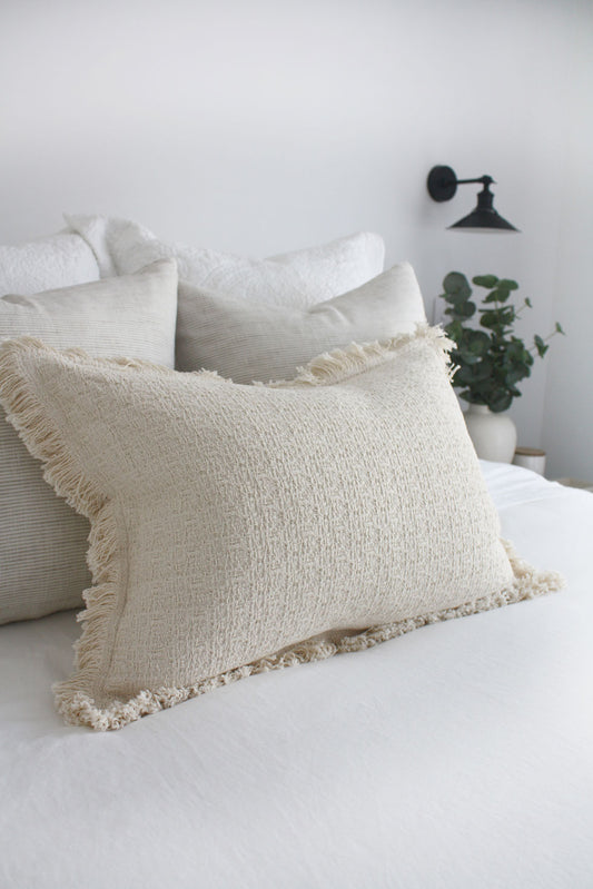 Haisley Textured Heavyweight Cotton Feather Filled Cushion - Ivory Cream - 40cm x 60cm Lumbar