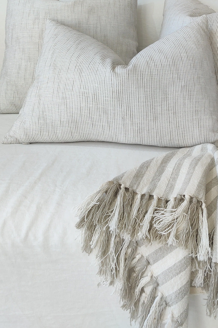 Jaipur Textured French Linen Feather Filled Cushion - White with Natural Pinstripe - 40cm x 60cm