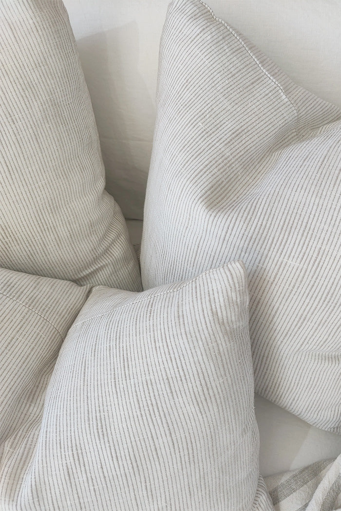 Jaipur Textured French Linen Feather Filled Cushion - White with Natural Pinstripe - 40cm x 60cm