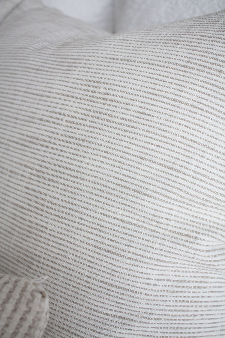 Jaipur Textured French Linen Feather Filled Cushion - White with Natural Pinstripe - 55cm Square