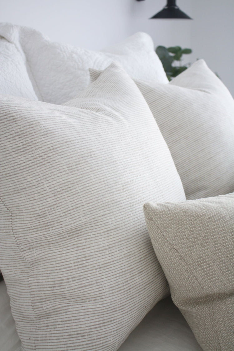 Jaipur Textured French Linen Feather Filled Cushion - White with Natural Pinstripe - 55cm Square