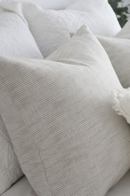 Jaipur Textured French Linen Feather Filled Cushion - White with Natural Pinstripe - 55cm Square