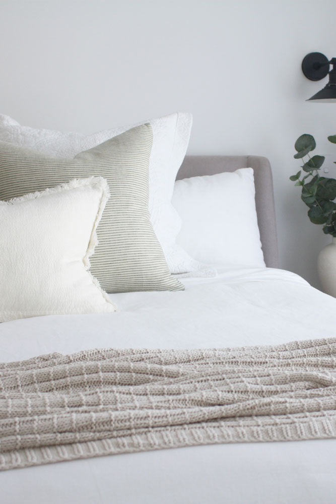 Marseille French Linen Pinstripe Feather Filled Cushion - Sage Green & White - 55cm Square