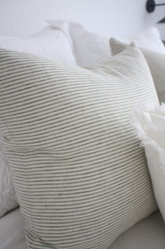 Marseille French Linen Pinstripe Feather Filled Cushion - Sage Green & White - 55cm Square