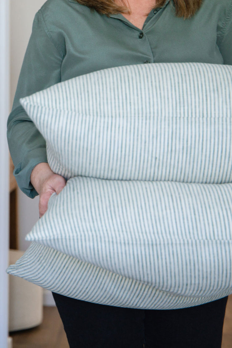 Marseille French Linen Pinstripe Feather Filled Cushion - Sage Green & White - 55cm Square