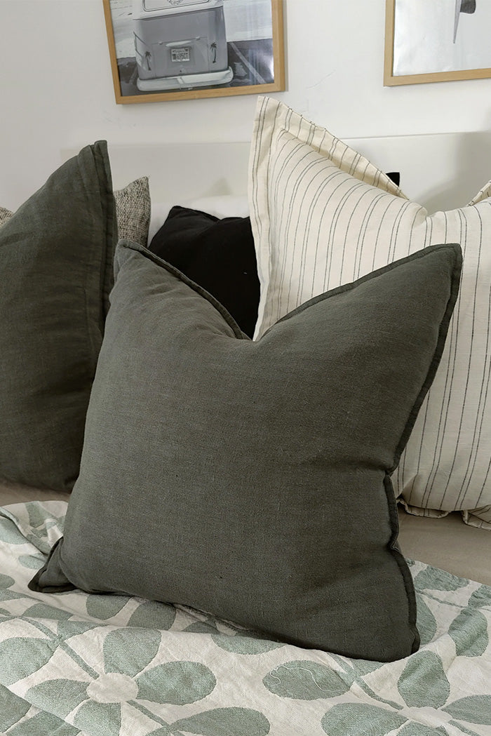 Reims Stonewashed French Linen Feather Filled Cushion - Dark Khaki - 60cm Square