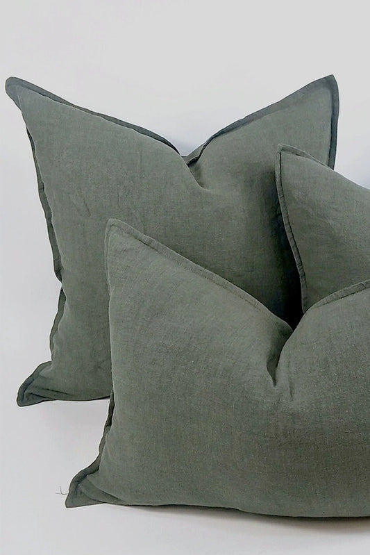 Reims Stonewashed French Linen Feather Filled Cushion - Dark Khaki - 60cm Square