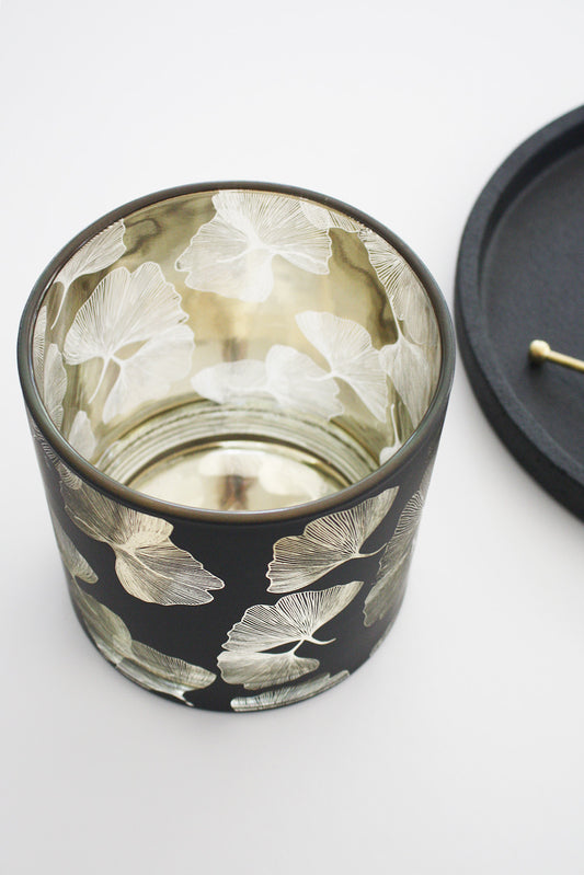 Large Glass Ginko Candle Holder - Black + Gold