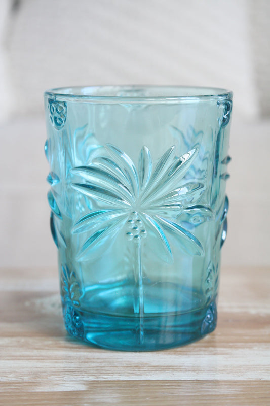 Palm Tree Glass Tumbler - Set of 4 - Aqua Blue