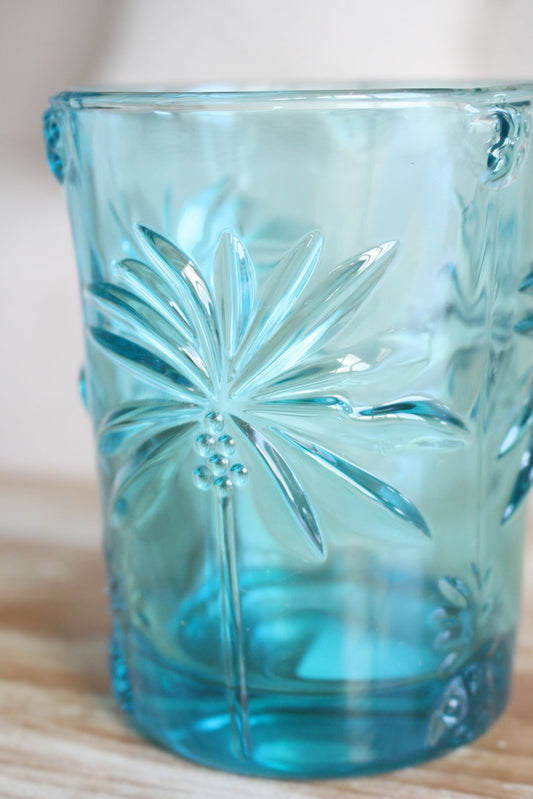 Palm Tree Glass Tumbler - Set of 4 - Aqua Blue