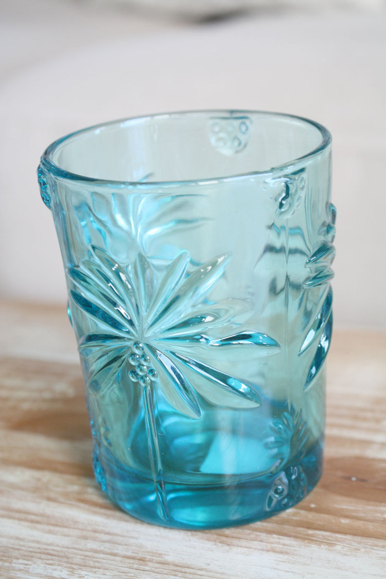 Palm Tree Glass Tumbler - Set of 4 - Aqua Blue