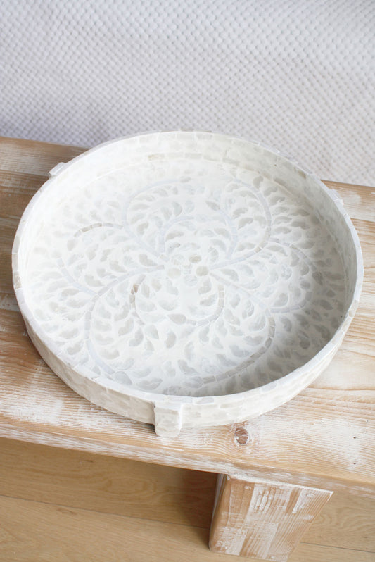 Ivory Mother of Pearl Capiz Inlay Round Tray 40cm